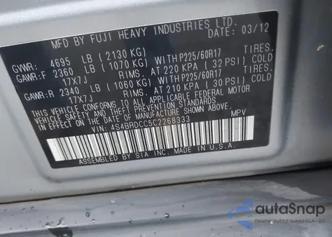 2012 Subaru Outback 3.6R Premium z USA, uszkodzony, nr VIN 4S4BRDCC5C2268333